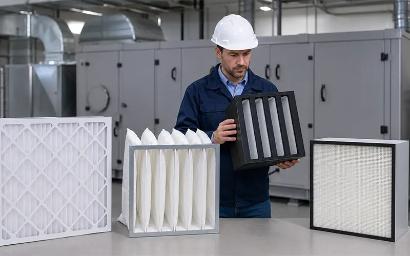Ingeniero de instalaciones revisando distintos filtros de aire HVAC